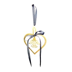 Vintage Brass Heart With Center Angel &‎ Black Ribbon Christmas Ornament 6"X4.5"
